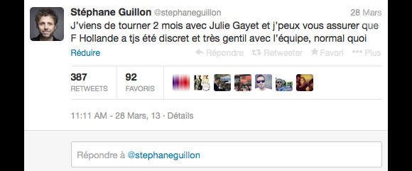 Le fameux tweet de Stéphane Guillon publié le 28 mars 2013 et ironisant sur la présence de François Hollande sur le tournage de son film avec Julie Gayet.