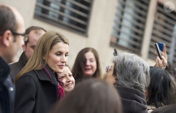 La princesse Letizia d'Espagne au sortir d'une réunion du comité de direction de la FEDER, la Fédération nationale des maladies rares, le 10 janvier 2014 à Madrid.