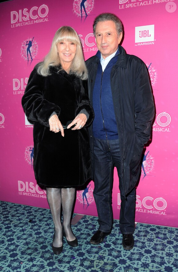 Exclusif - Michel Drucker et son épouse Dany Saval lors de la dernière du spectacle ''D.I.S.C.O'' aux Folies Bergère à Paris, le 10 janvier 2014.
