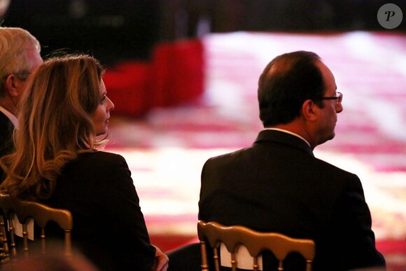 Valérie Trierweiler et François Hollande à l'occasion de l'allocution du président de la République française pour le lancement des Commémorations du Centenaire de la Première Guerre mondiale, au Palais de l’Élysée, le 7 Novembre 2013.