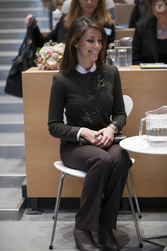 La princesse Marie sur le campus d'Odense de l'Université du Danemark du Sud, le 20 janvier 2014, pour une conférence portant sur l'influence de l'environnement social dans l'acquisition du langage chez l'enfant.