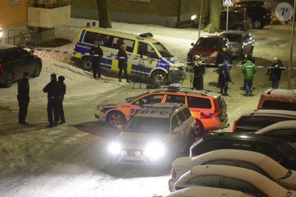 La scène du crime, au soir du 23 janvier 2014, après que le parrain suédois Mille Markovic a été abattu de quatre balles dans la tête devant son domicile, à Ulvsunda, dans l'ouest de Stockholm.