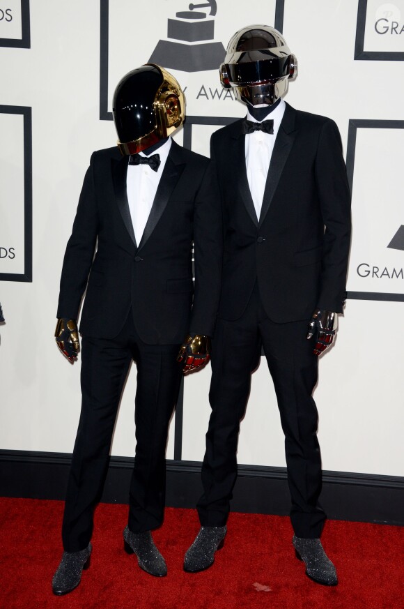 Guy-Manuel de Homem-Christo et Thomas Bangalter arrivent au Staples Center pour la 56e édition des Grammy Awards. Los Angeles, le 26 janvier 2014.