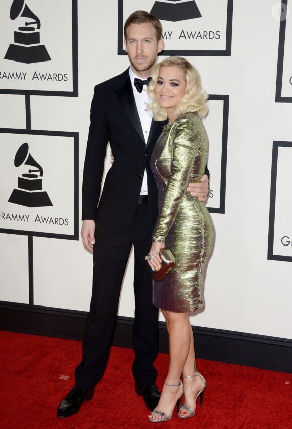 Calvin Harris et Rita Ora arrivent au Staples Center pour la 56e édition des Grammy Awards. Los Angeles, le 26 janvier 2014.