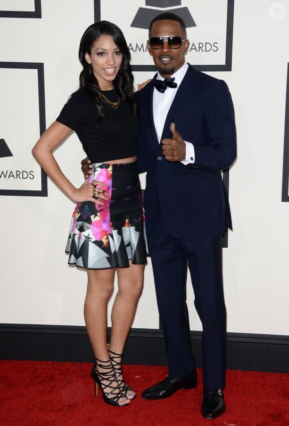 Corinne Bishop et son père Jamie Foxx arrivent au Staples Center pour la 56e édition des Grammy Awards. Los Angeles, le 26 janvier 2014.