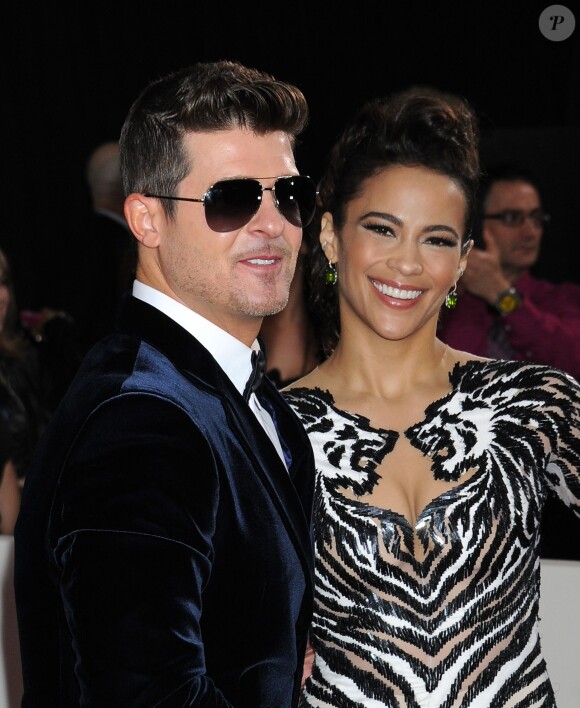 Robin Thicke et Paula Patton arrivent au Staples Center pour la 56e édition des Grammy Awards. Los Angeles, le 26 janvier 2014.