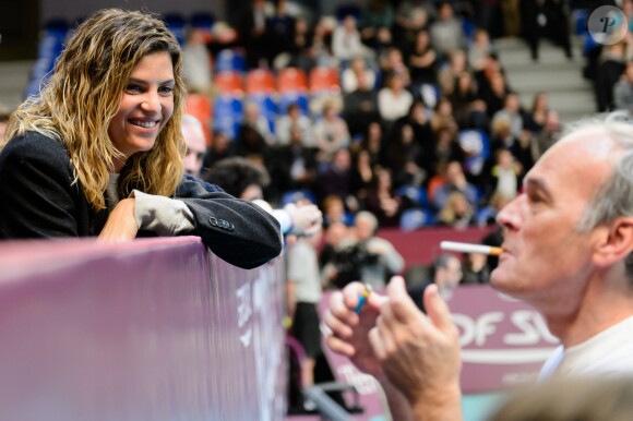 Isabelle Funaro, Laurent Baffie à l'occasion d'un match caritatif en marge du 22e Open de tennis GDF SUEZ au Stade Pierre de Coubertin à Paris le 28 Janvier 2014.