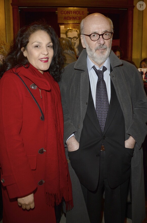 Bertrand Blier et sa femme Farida Rahouadj à la générale de la pièce "La porte à côté" au Théâtre Édouard VII à Paris, le 10 fevrier 2014.