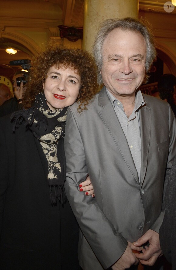 Franz Olivier Giesbert et sa compagne Valérie Toranian à la générale de la pièce "La porte à côté" au Théâtre Édouard VII à Paris, le 10 fevrier 2014.