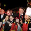 Gérard Depardieu, le maire de Nice, Christian Estrosi et Denise Fabre participent à la soirée d'ouverture du 130ème Carnaval de Nice "Roi de la Gastronomie", le 14 février 2014 à Nice, place Masséna.