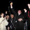Denise Fabre, Gérard Depardieu et Christian Estrosi, le maire de Nice, à la soirée d'ouverture du 130ème Carnaval de Nice, le 14 février 2014, place Masséna.