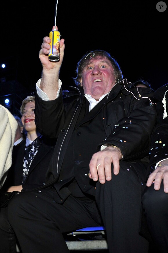 Gérard Depardieu déchaîné à la soirée d'ouverture du 130ème Carnaval de Nice, le 14 février 2014, place Masséna.
