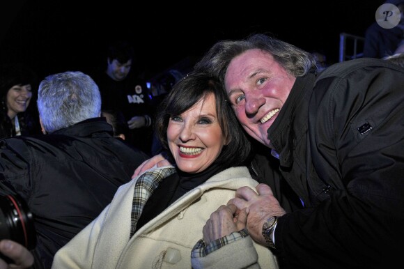 Denise Fabre et Gérard Depardieu participent à la soirée d'ouverture du 130ème Carnaval de Nice "Roi de la Gastronomie", le 14 février 2014 à Nice, place Masséna.