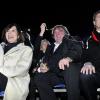 Denise Fabre, Gérard Depardieu et Christian Estrosi, le maire de Nice, à la soirée d'ouverture du 130ème Carnaval de Nice, le 14 février 2014, place Masséna.