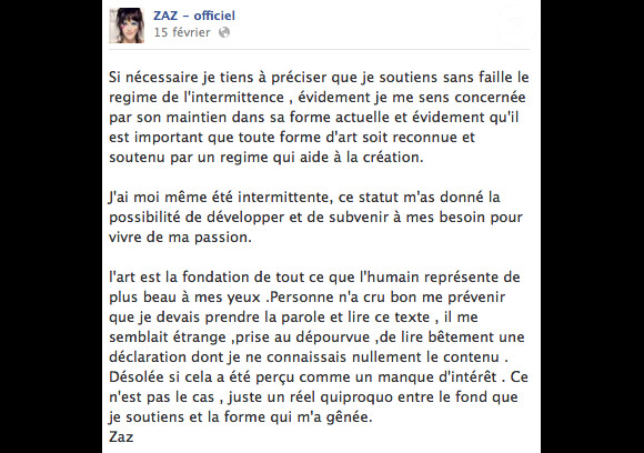 Zaz a effectué le 15 février 2014 une mise au point via sa page Facebook, au lendemain de son quiproquo avec Virginie Guilhaume lors des 29e Victoires de la Musique.