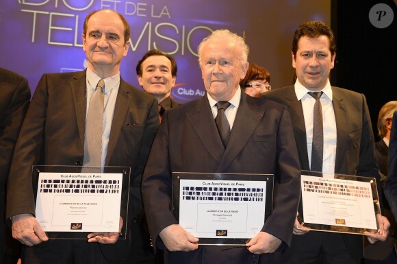 Pierre Lescure, Philippe Bouvard et Laurent Gerra à la soirée des 19e Lauriers de la Radio et de la Télévision à l'Hôtel de Ville de Paris, le 17 février 2014.