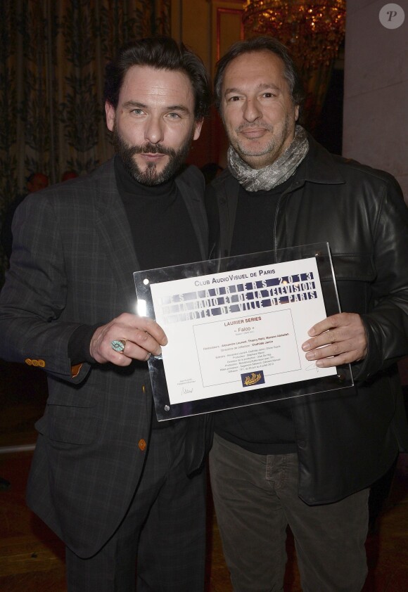 Sagamore Stévenin et Stéphane Marsil à la soirée des 19e Lauriers de la Radio et de la Télévision à l'Hôtel de Ville de Paris, le 17 février 2014.