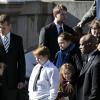 Mimi O'Donnell, la compagne Philip Seymour Hoffman et ses enfants Willa Hoffman, Tallulah Hoffman, Cooper Hoffman lors des obsèques de l'acteur Philip Seymour Hoffman en l'église St. Ignatius de Loyola à New York, le 7 février 2014.