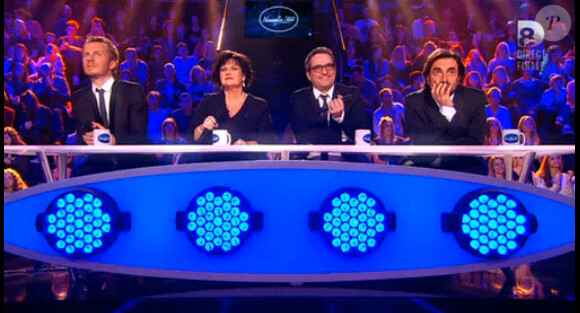 Sinclair, Olivier Bas, André Manoukian et Maurane lors de la finale de "Nouvelle Star 2014", jeudi 20 février 2014.