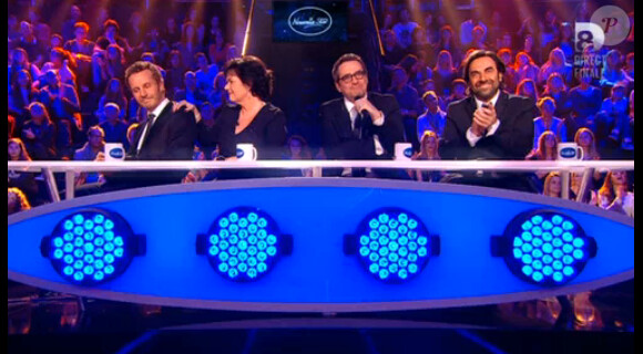 Sinclair, Olivier Bas, André Manoukian et Maurane lors de la finale de "Nouvelle Star 2014", jeudi 20 février 2014.