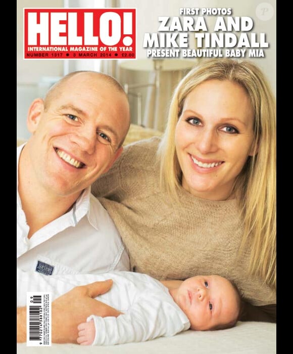 Zara Phillips et Mike Tindall présentent leur petite Mia, née le 17 janvier, en couverture du magazine Hello!, n°1317 du 3 mars 2014