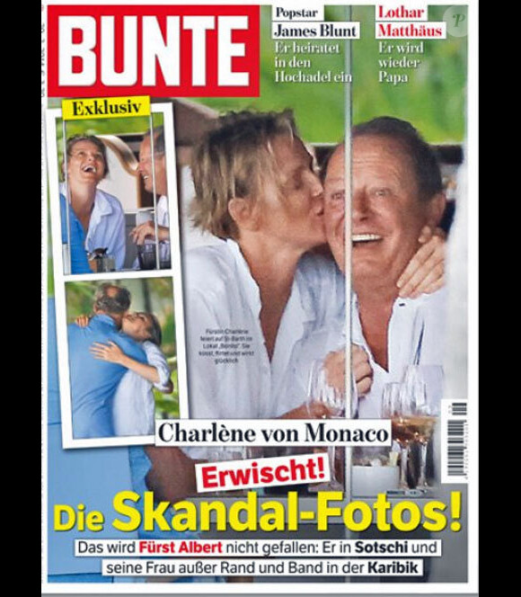 La princesse Charlene de Monaco avec le révérend Nicoll à Saint-Barthélemy en couverture du magazine allemand Bunte, en février 2014