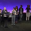 Najat Vallaud-Belkacem et Jean-Marc Ayrault avec les membres du jury Pénélope Bagieu, Riad Sattouf et André Manoukian au 1er Prix Egalité 2014 à La Gaîté lyrique à Paris