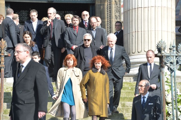 Sabine Azéma, Aurélie Filippetti, Michel Vuillermoz, Pierre Arditi, André Dussollier, Denis Podalydès lors des funérailles d'Alain Resnais en l'église Saint-Vincent-de-Paul à Paris le 10 mars 2014