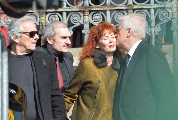 Pierre Arditi, Michel Vuillermoz, Sabine Azéma, André Dussollier lors des funérailles d'Alain Resnais en l'église Saint-Vincent-de-Paul à Paris le 10 mars 2014