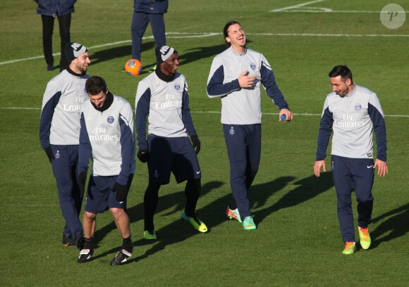 Javier Pastore , Thiago Motta , Zoumana Camara, Zlatan Ibrahimovic, Ezequiel Lavezzi au Camp des Loges à Saint-Germain-en-Laye le 20 décembre 2013