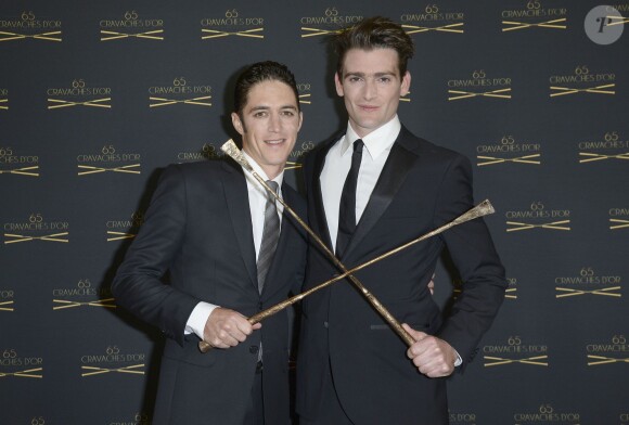 Christophe Soumillon et Jonathan Plouganou lors de la 65ème édition des Cravaches d'Or au Théâtre des Champs-Elysées à Paris, le 14 mars 2014.
