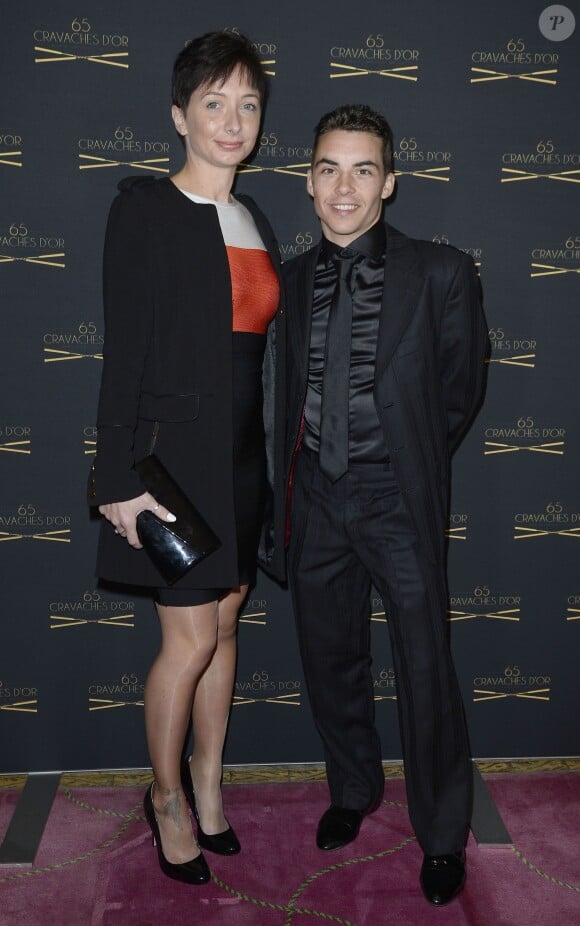 Maxime Guyon et sa femme lors de la 65ème édition des Cravaches d'Or au Théâtre des Champs-Elysées à Paris, le 14 mars 2014.