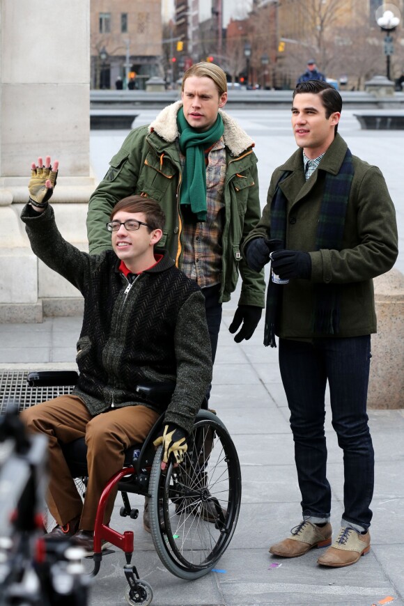 Tournage de la série Glee dans les rues de New York, le vendredi 14 mars 2014.