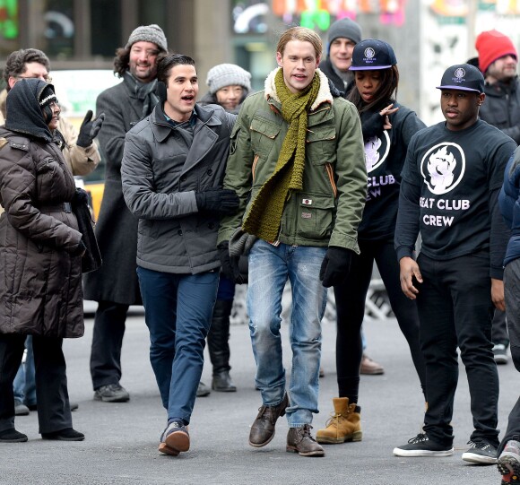 Tournage de la série Glee dans les rues de New York, le jeudi 13 mars 2014.