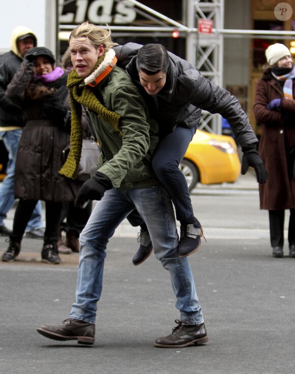 Tournage de la série Glee dans les rues de New York, le jeudi 13 mars 2014.