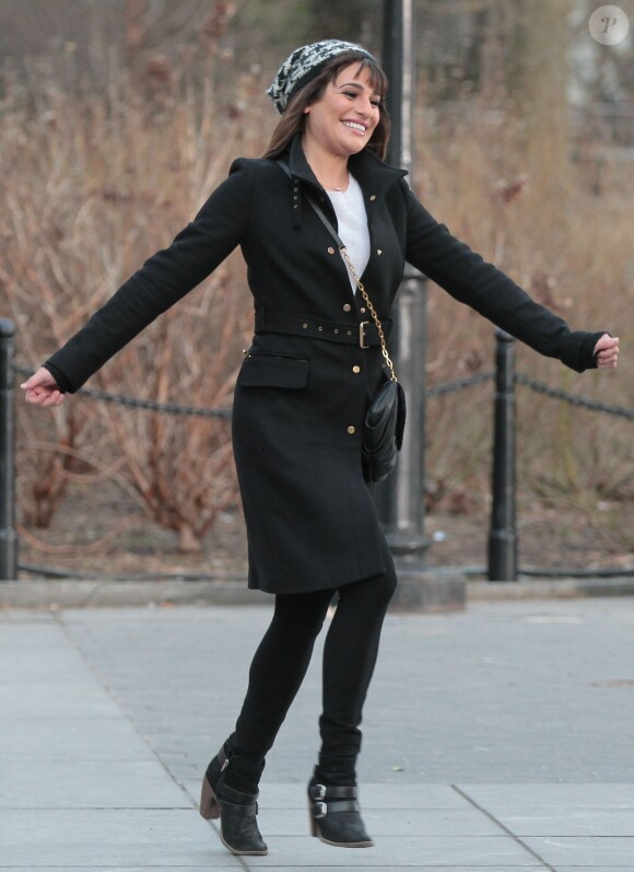 Lea Michele sur le tournage de la série Glee dans les rues de New York, le vendredi 14 mars 2014.