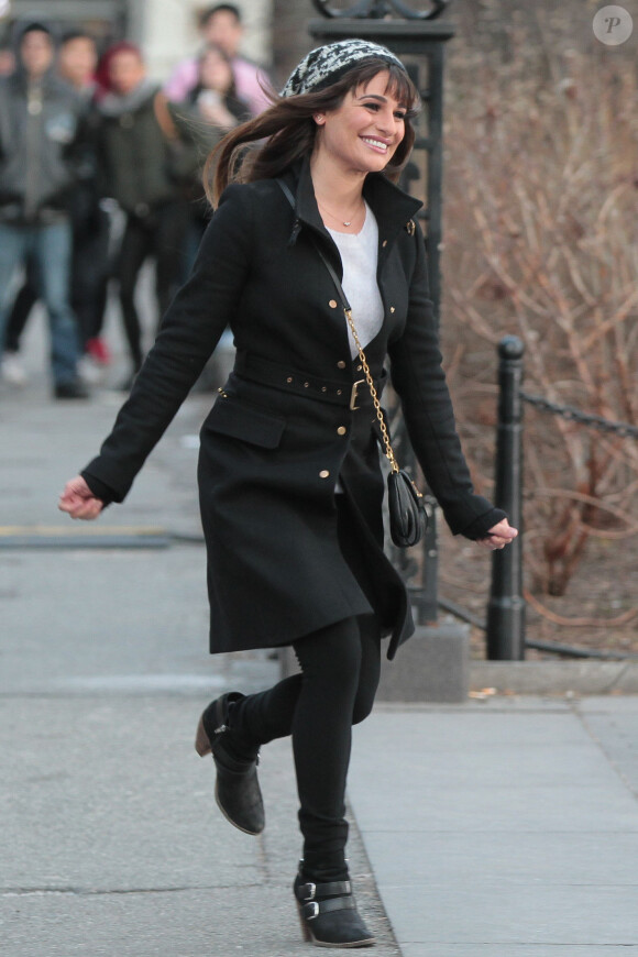 Lea Michele sur le tournage de la série Glee dans les rues de New York, le vendredi 14 mars 2014.