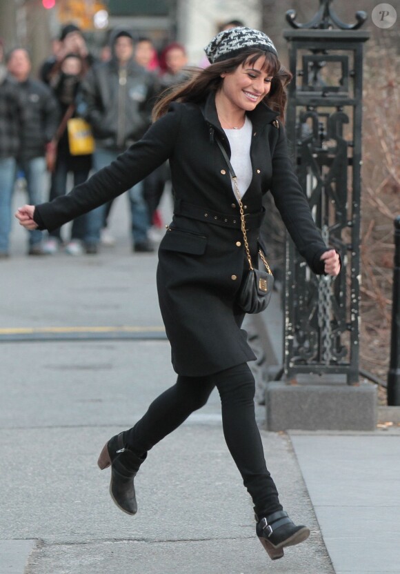 Lea Michele sur le tournage de la série Glee dans les rues de New York, le vendredi 14 mars 2014.