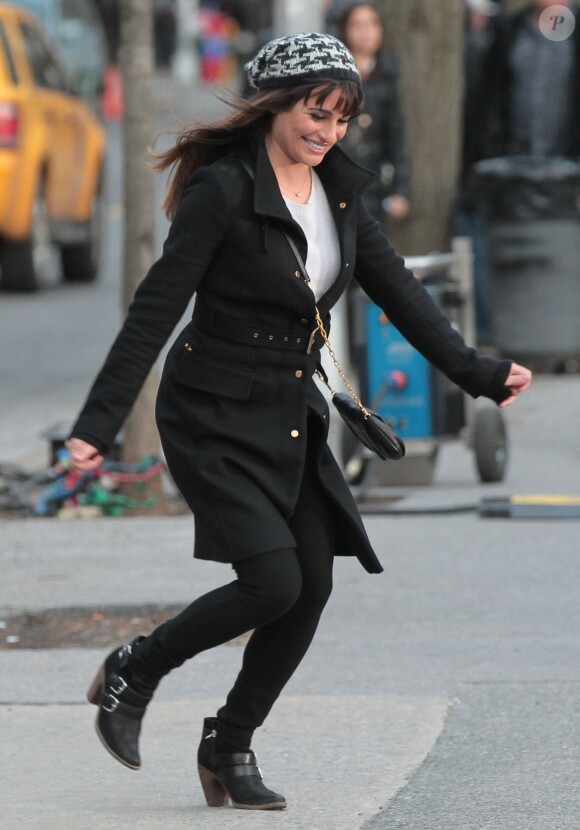 Lea Michele sur le tournage de la série Glee dans les rues de New York, le vendredi 14 mars 2014.