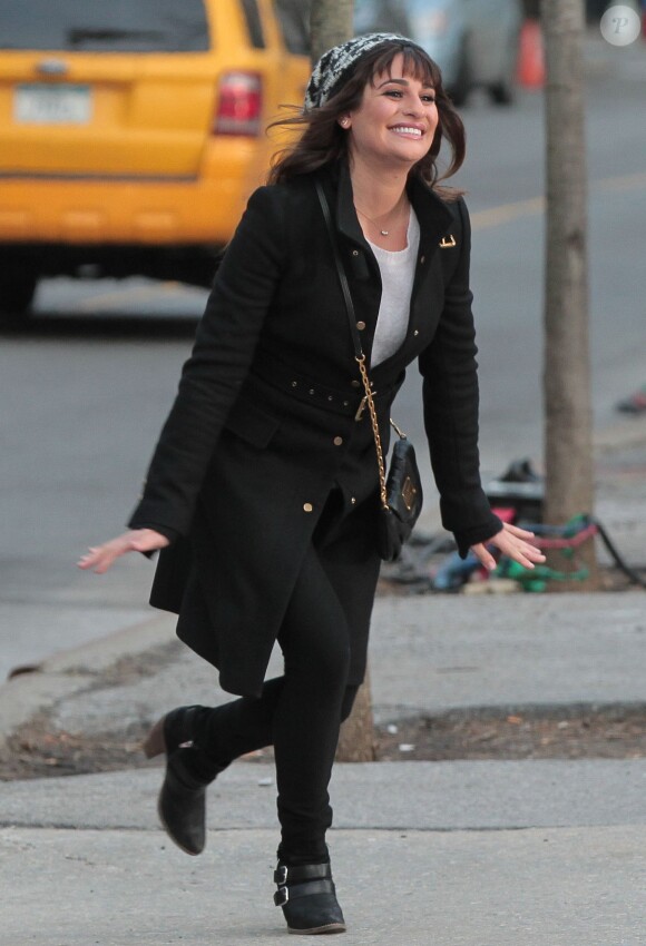 Lea Michele sur le tournage de la série Glee dans les rues de New York, le vendredi 14 mars 2014.