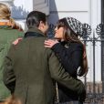 Lea Michele, Darren Criss lors du tournage de la série télévisée "Glee" à Washington Square Park à New York, le 14 mars 2014.  Stars film scenes for the hit TV show 'Glee' at Washington Square Park in New York City, New York on March 14, 2014.14/03/2014 - New York