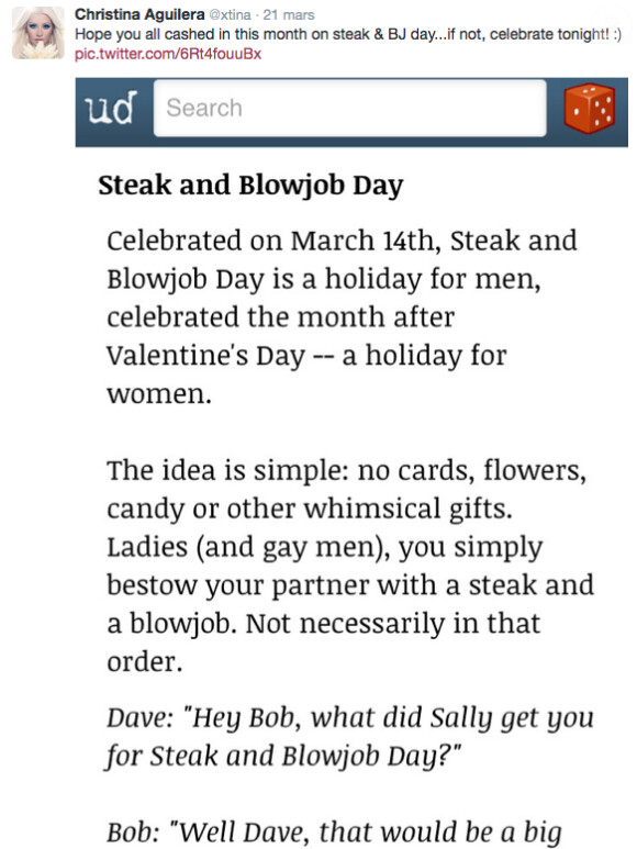 Christina Aguilera a invité ses nombreux followers sur Twitter à célébrer une fête très sexuelle, le Steak & BJ Day, dans un post le 21 mars 2014