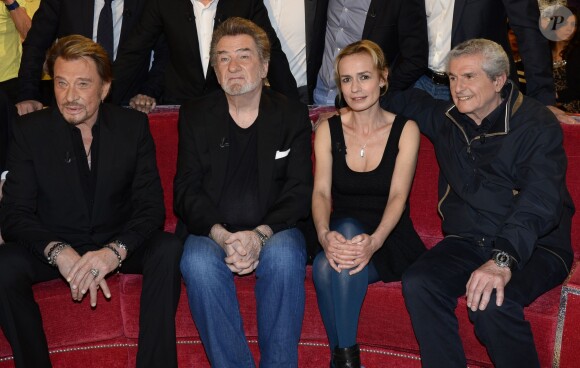 Johnny Hallyday, Eddy Mitchell, Sandrine Bonnaire et Claude Lelouch - Enregistrement de l'émission "Vivement Dimanche" à Paris le 14 mars 2014.