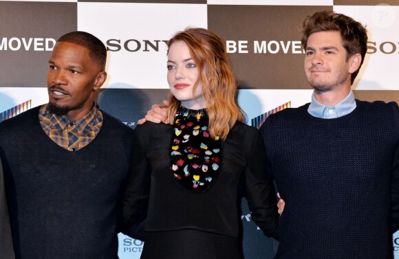 Jamie Foxx, Emma Stone et Andrew Garfield assurent la promotion du film The Amazing Spider-Man 2 à Tokyo, le 31 mars 2014.