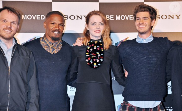 Jamie Foxx, Emma Stone et Andrew Garfield assurent la promotion du film The Amazing Spider-Man 2 à Tokyo, le 31 mars 2014.
