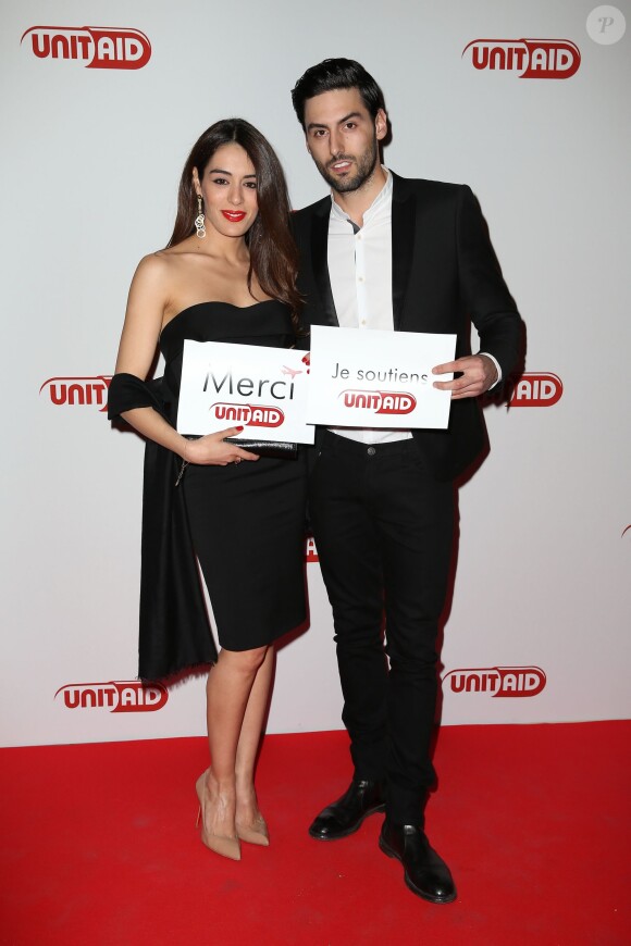 Sofia Essaïdi et son amoureux Adrien Galo lors du dîner en l'honneur d'UNITAID au Conseil économique, social et environnemental à Paris, le 1er avril 2014