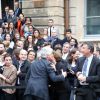 La nouvelle ministre de l'Ecologie, du Développement durable et de l'Energie Ségolène Royal pendant le discours de l'ancien ministre Philippe Martin, lors de la passation de pouvoir au ministère de l'Ecologie, à Paris, le 2 avril 2014.