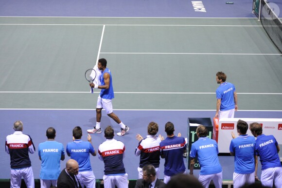 Gaël Monfils et Arnaud Clement lors du match contre Peter Gojowczyk en Coupe Davis à Nancy, le 6 avril 2014. 