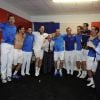 L'équipe de France de Coupe Davis (Julien Benneteau, Jo-Wilfried Tsonga, Gaël Monfils et Michaël Llodra) célèbre sa victoire en quart de finale contre l'Allemagne à Nancy le 6 avril 2014.