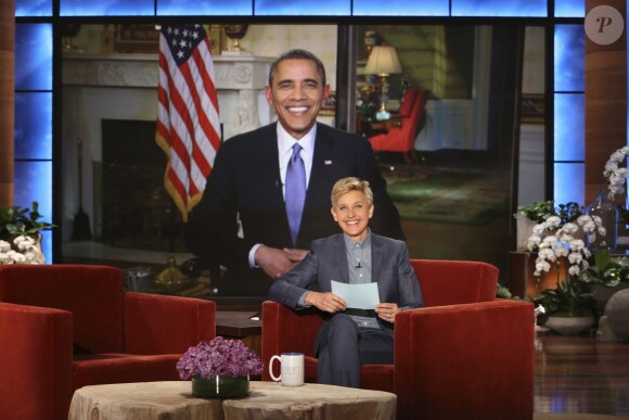 Le président américain Barack Obama apparaît sur le Show d'Ellen DeGeneres par satellite lien vidéo de la Maison Blanche à Washington le 20 mars 2014.